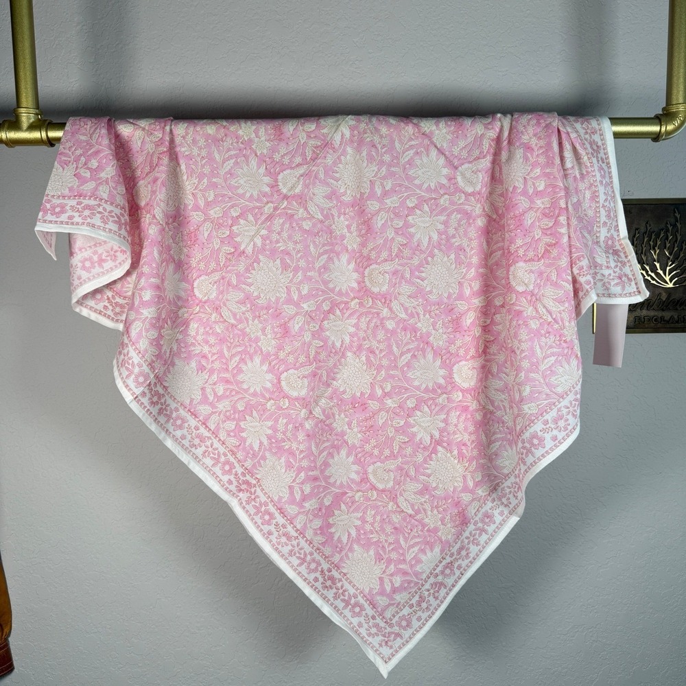 POL Pink Floral Hand Block Print 100% Cotton Square Scarf SMQE16 New - Picture 8 of 10